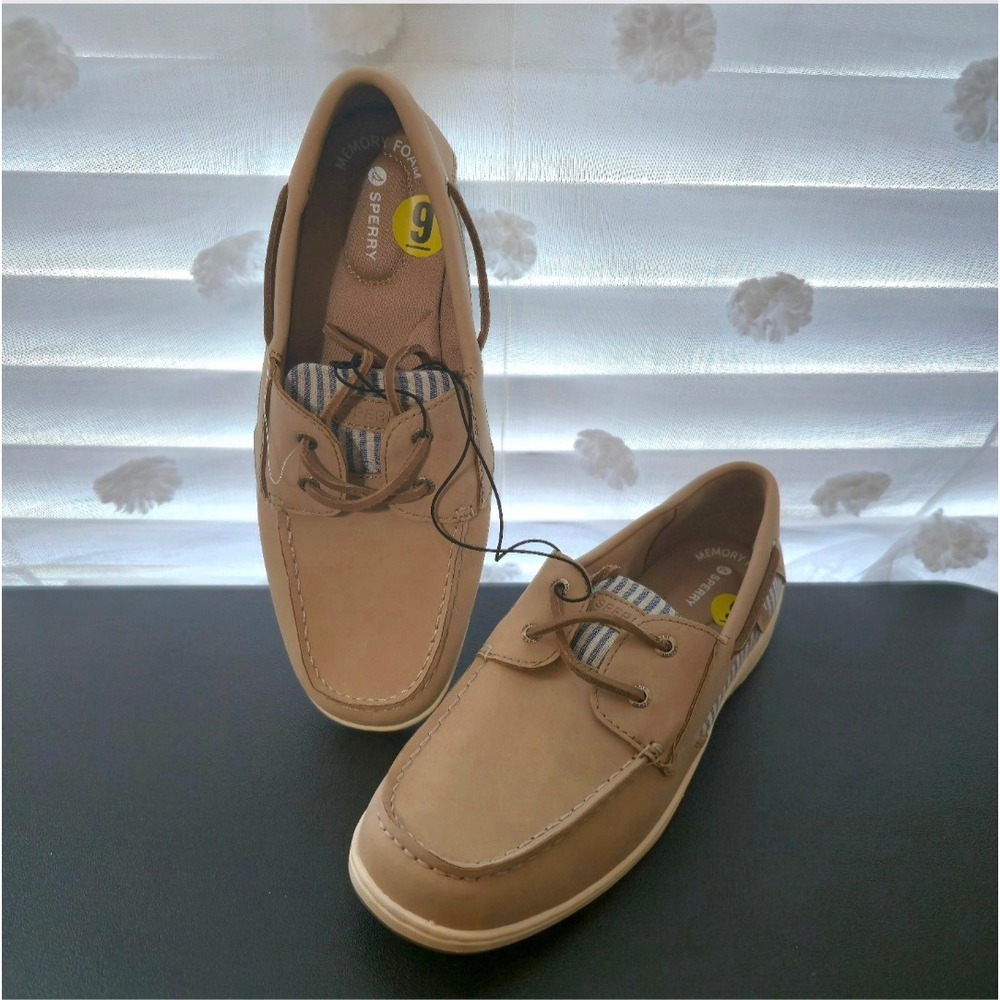 Sperry Top-Sider Womens Tan Leather Striped Boat Shoes Memory Foam Size 9